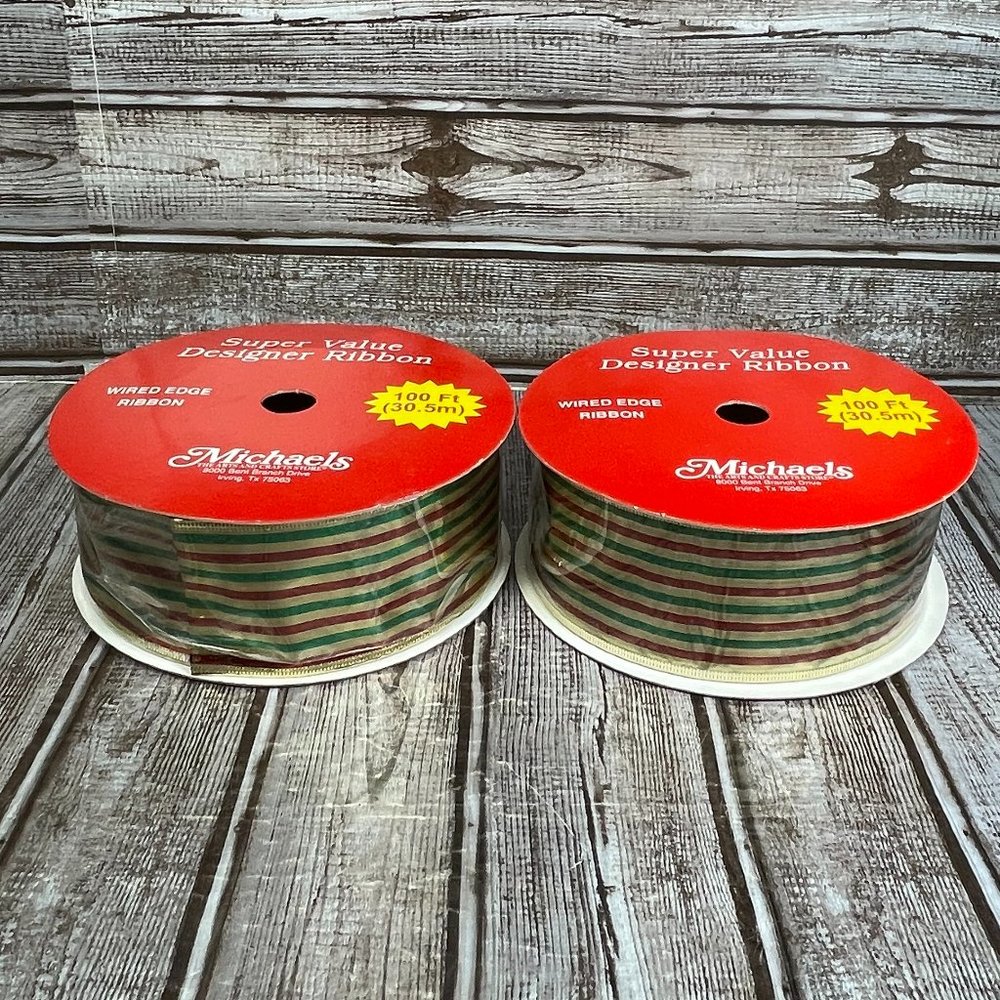 Lot of 2 MICHAELS 100' Designer Christmas Ribbon Wired Edge Ribbon 2.5" NEW
